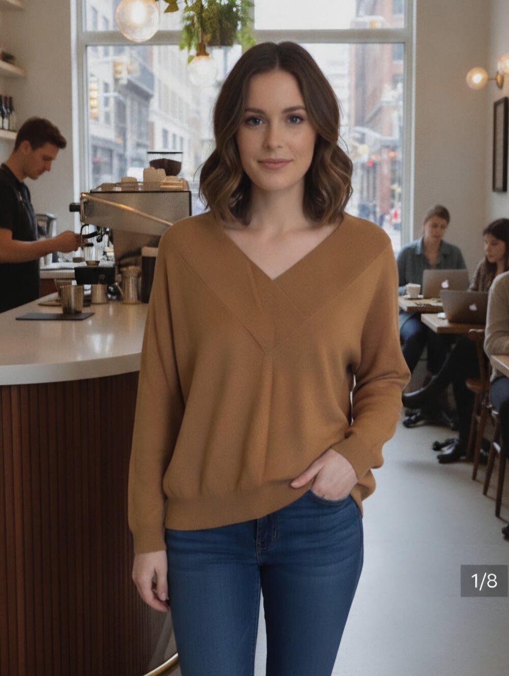 Leith V-Neck Sweater in Camel Brown
